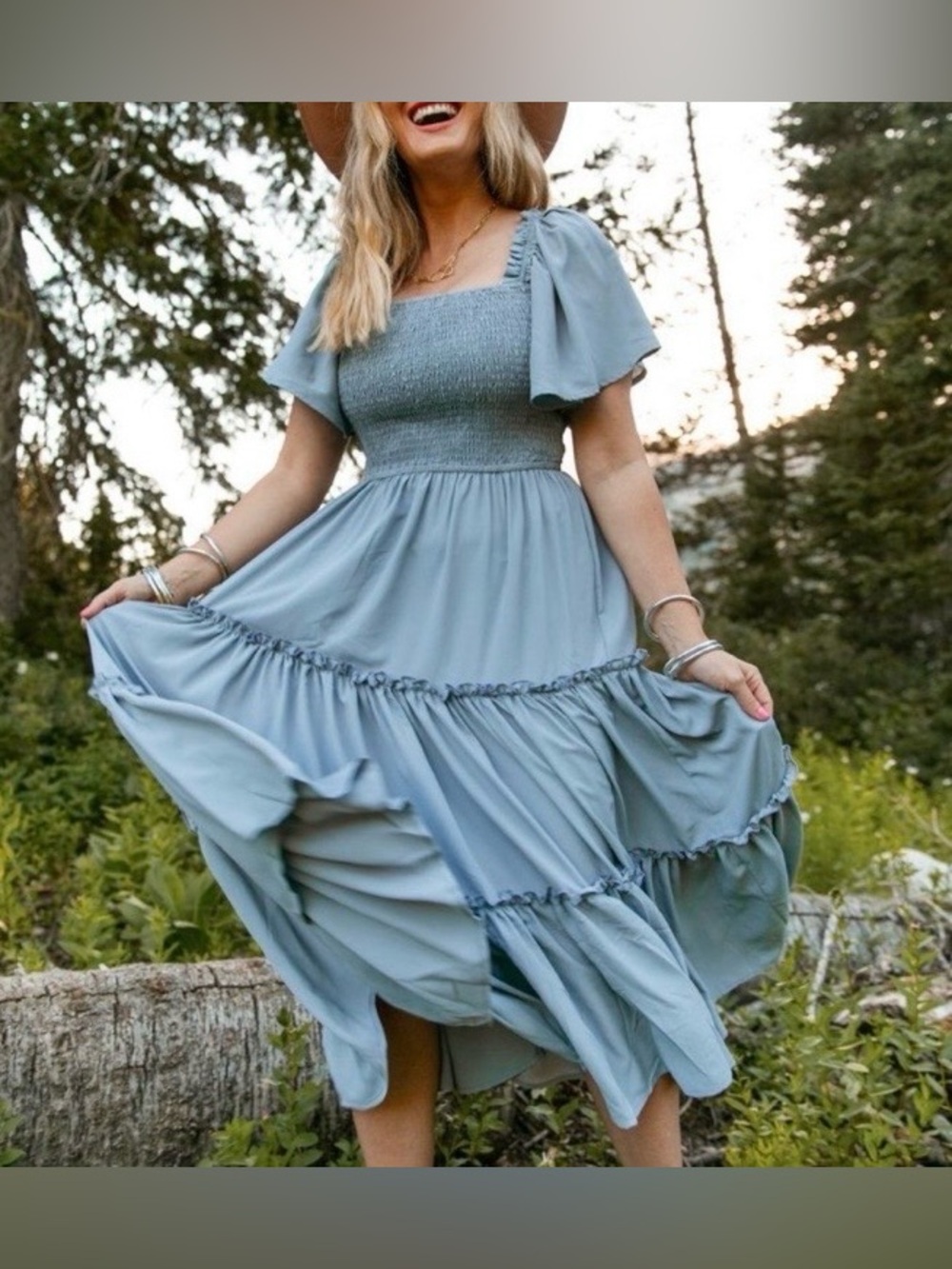 Ivy City Co Dusty Blue Luna Smocked Midi Dress